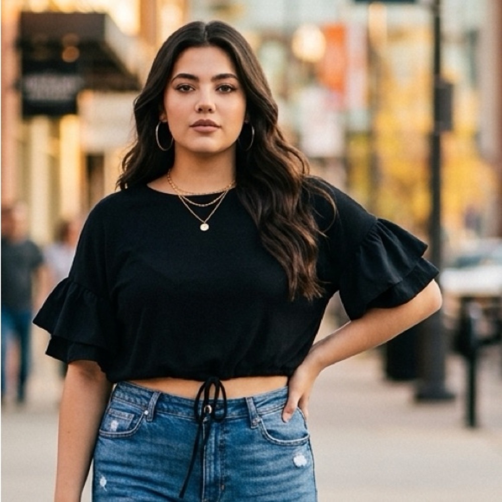Adrianna Papell Black Ruffle Sleeve Crop Top